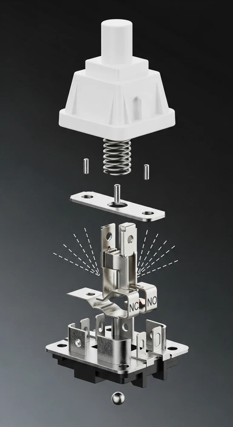 An exploded view of a mouse switch showing the metal contacts bouncing.