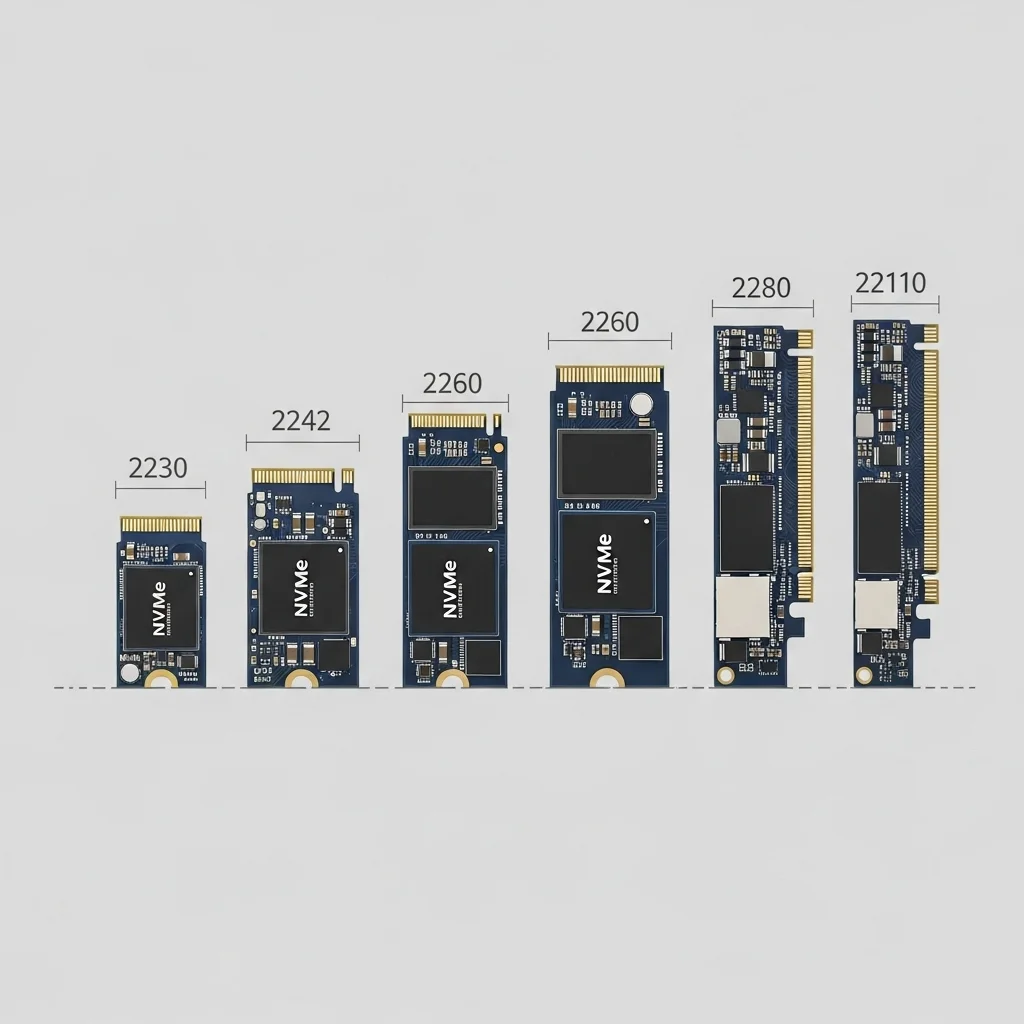 An infographic comparing the physical sizes of M.2 NVMe drives from different generations, showcasing their connectors. bare minimum or no text on the image