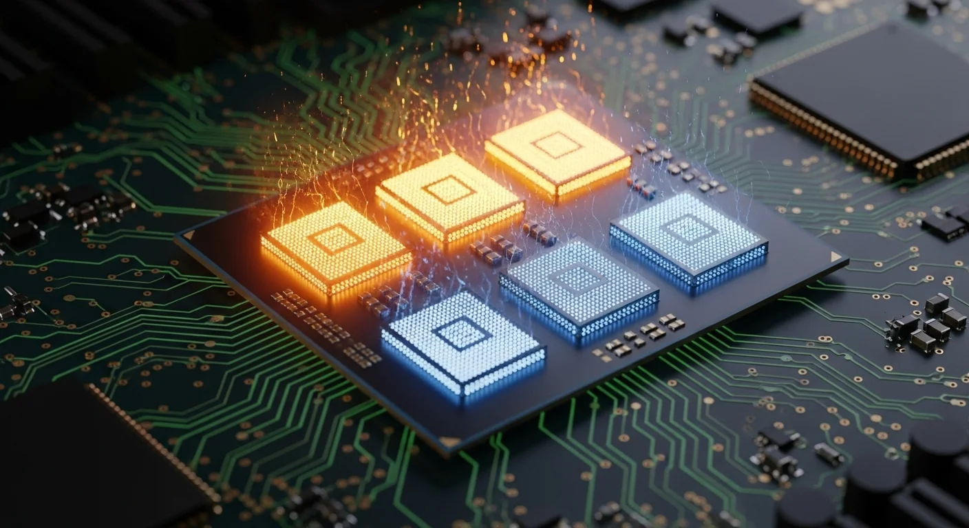 Cinematic view of a modern CPU chip, showing both active and parked cores with distinct visual glows. No text or labels.