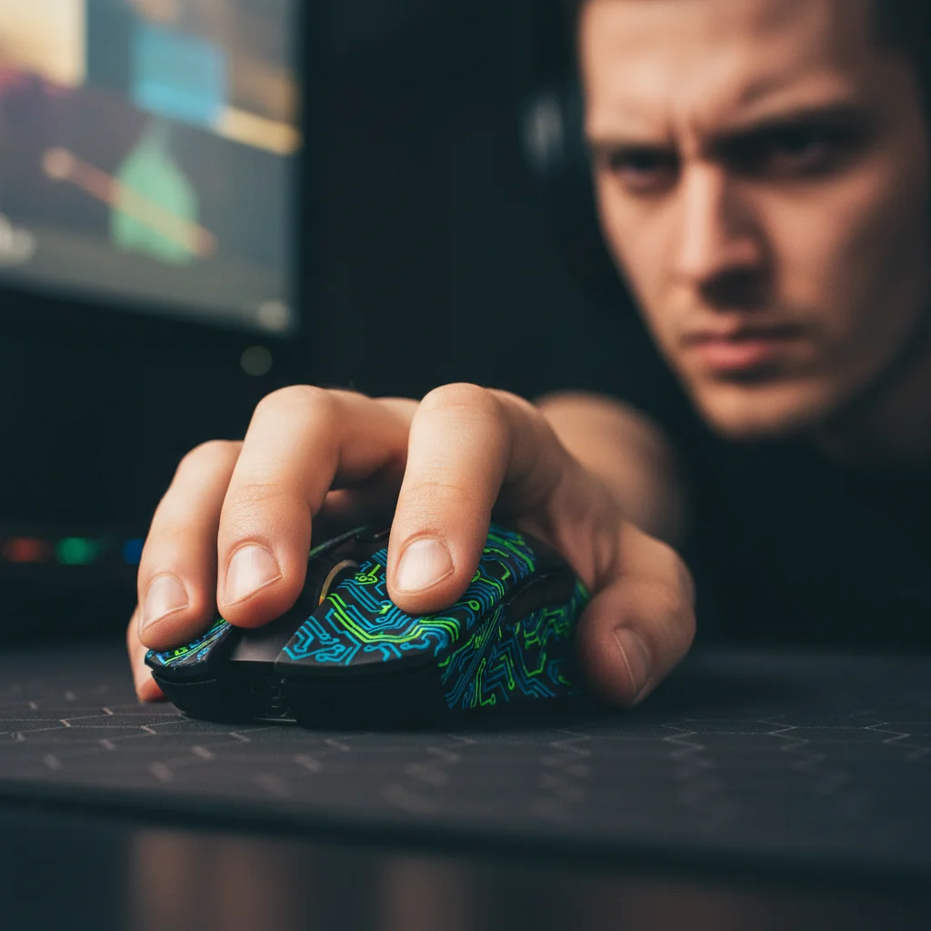 Close-up, high-quality, photorealistic image of a gaming mouse with custom grip tape applied, being held by a gamer with intense focus. Avoid text or logos.