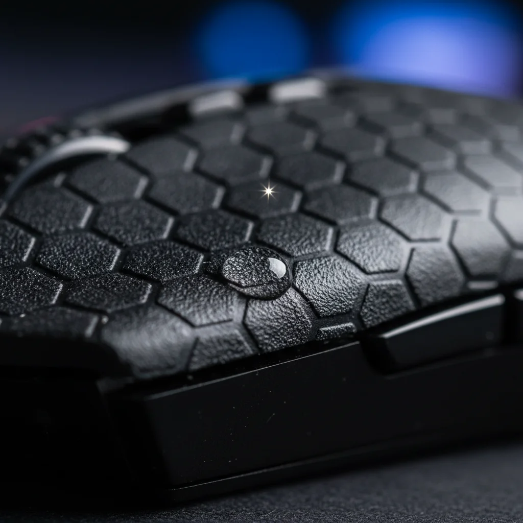 Close-up, high-resolution photorealistic shot of a gaming mouse side covered with grip tape, showing intricate texture. A tiny droplet of sweat is visible on the surface, catching light. No text or logos.