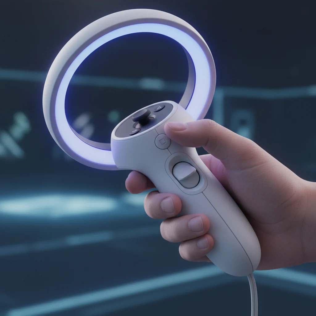 Close-up of a VR controller being held, with a subtle glow around the tracking rings