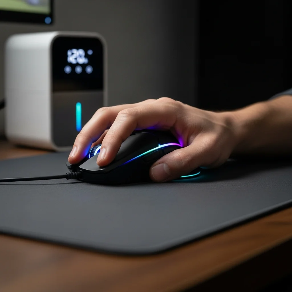 Gamer using a mouse on a perfectly dry mousepad, with a small dehumidifier visible in the background