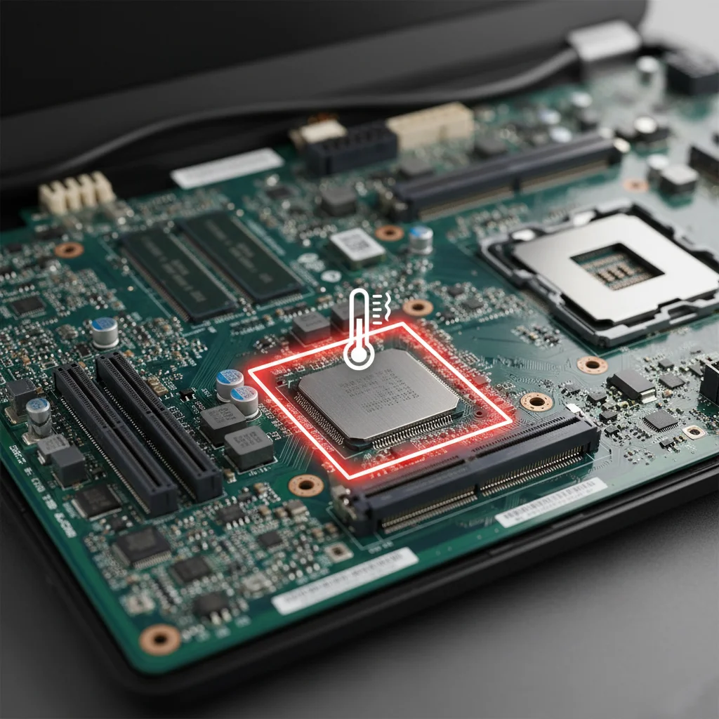 Laptop motherboard with PCH highlighted, showing a thermal sensor icon