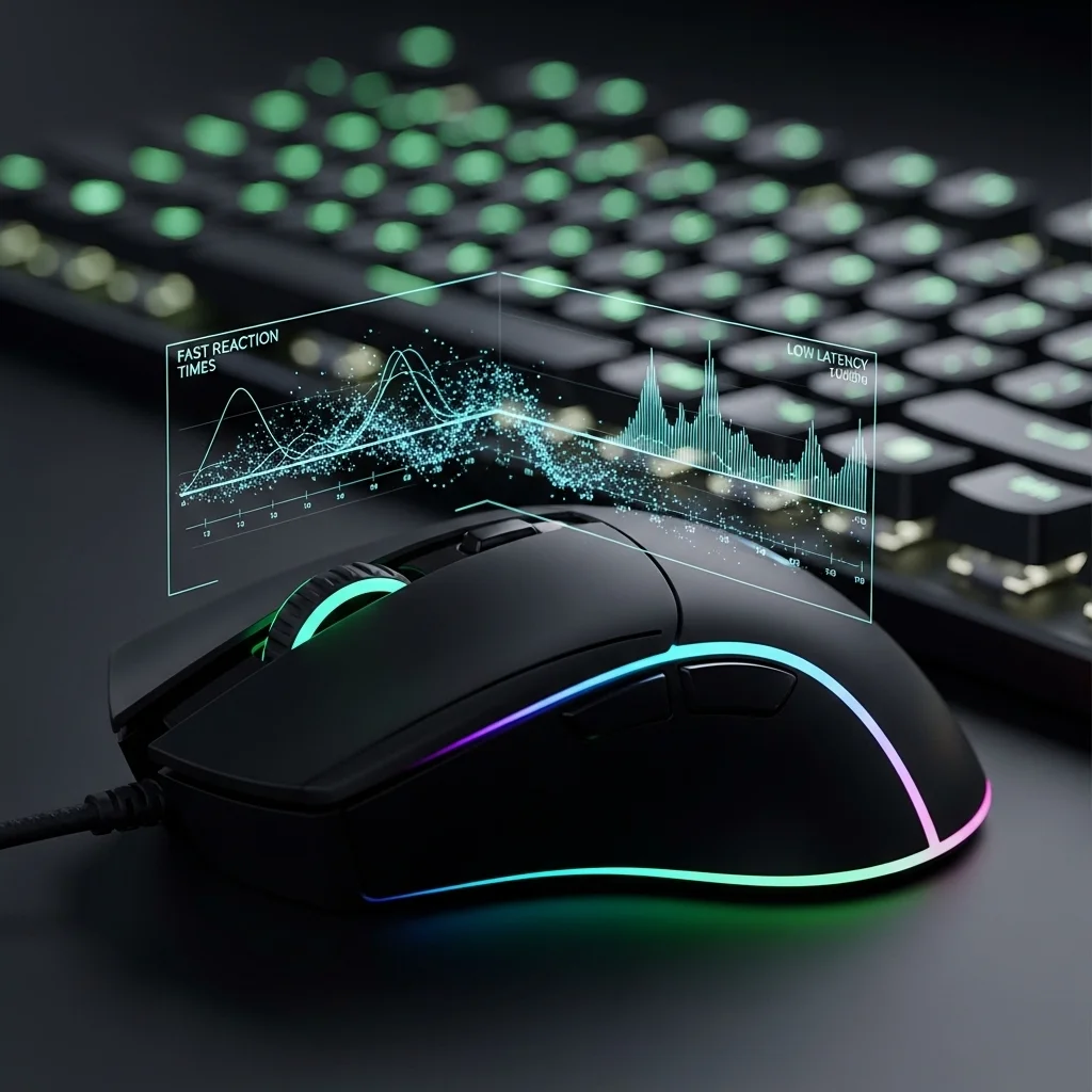 photorealistic, close-up of a gaming mouse and keyboard, with a subtle digital overlay showing fast reaction times and low latency data, no text or watermarks