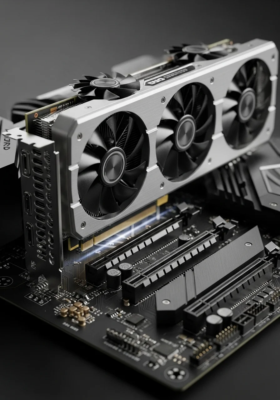 photorealistic, close-up shot of a modern GPU slotted into a motherboard's PCIe slot, with subtle glow highlighting the connection, no text
