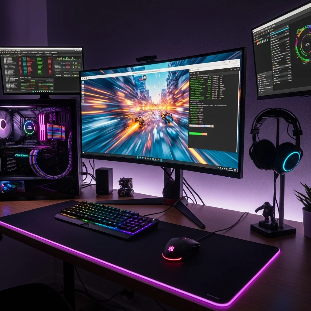 photorealistic render of a gamer's optimized PC setup with WSL 2 running a game, showing vibrant colors and high frames per second, no text