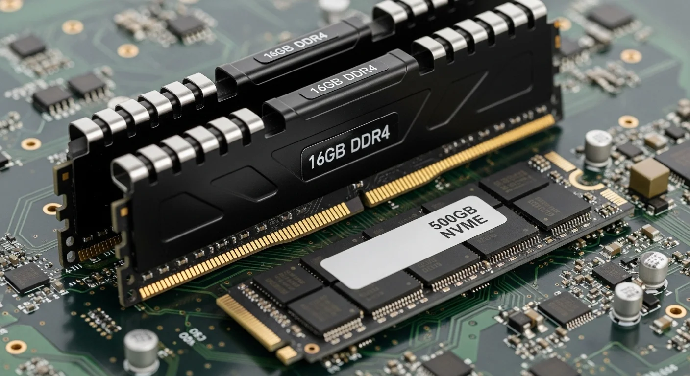 Two RAM sticks side-by-side with a small NVMe SSD, all on a circuit board, to visually compare their sizes and components.