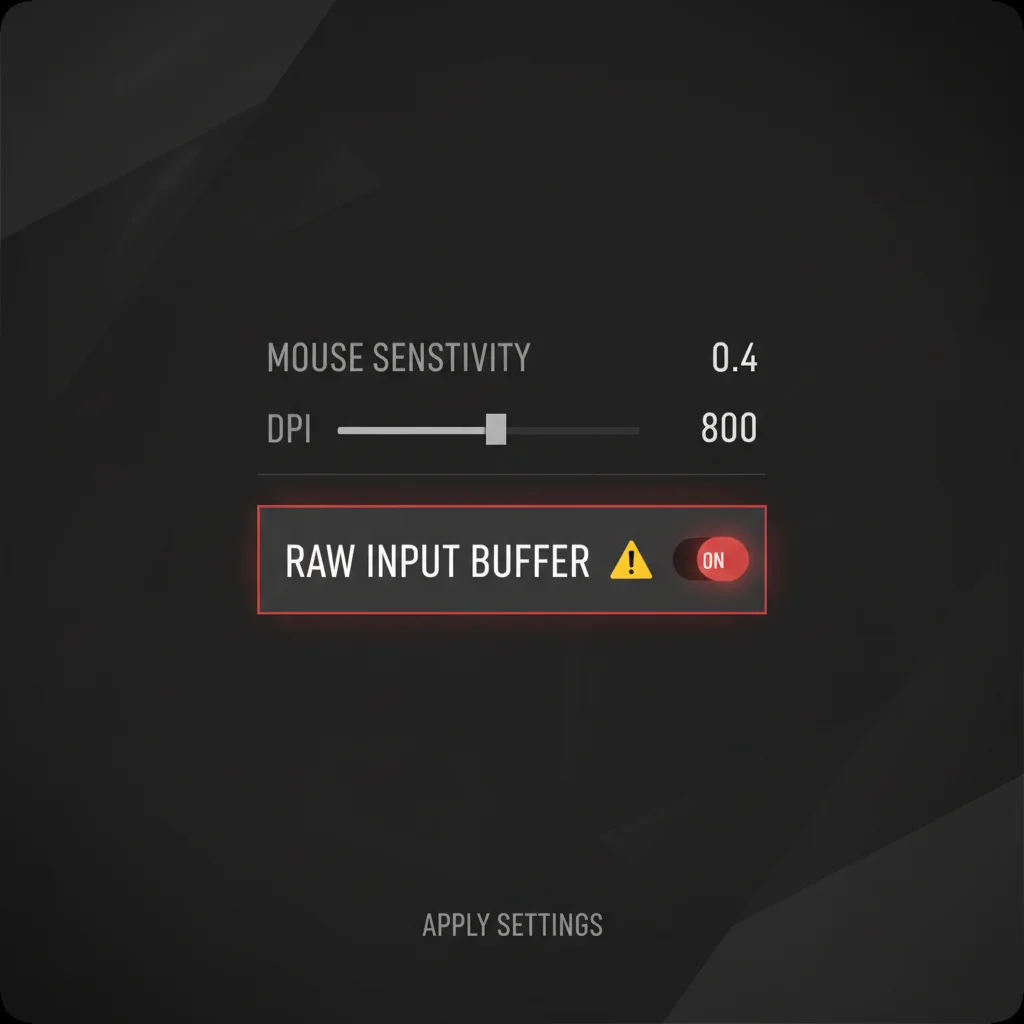Valorant mouse settings screen highlighting the Raw Input Buffer option with a caution icon next to it Very Basic and little to no text